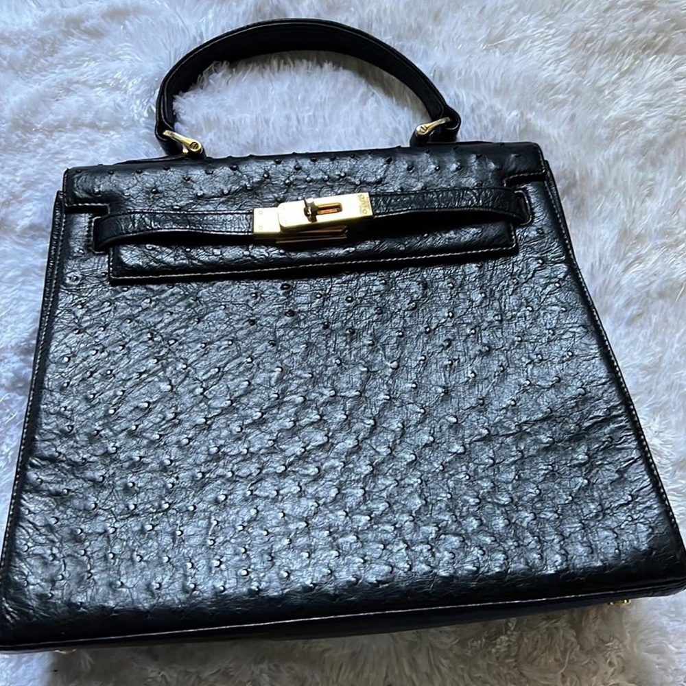 Kelly Style Ostrich bag. Black & Gold Hardware